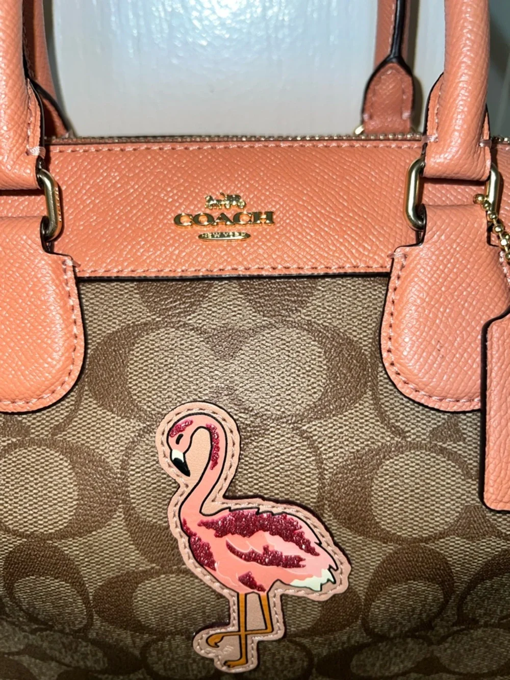 Coach Brown Signature Satchel with Pink Flamingo Accent - Picture 3 of 11